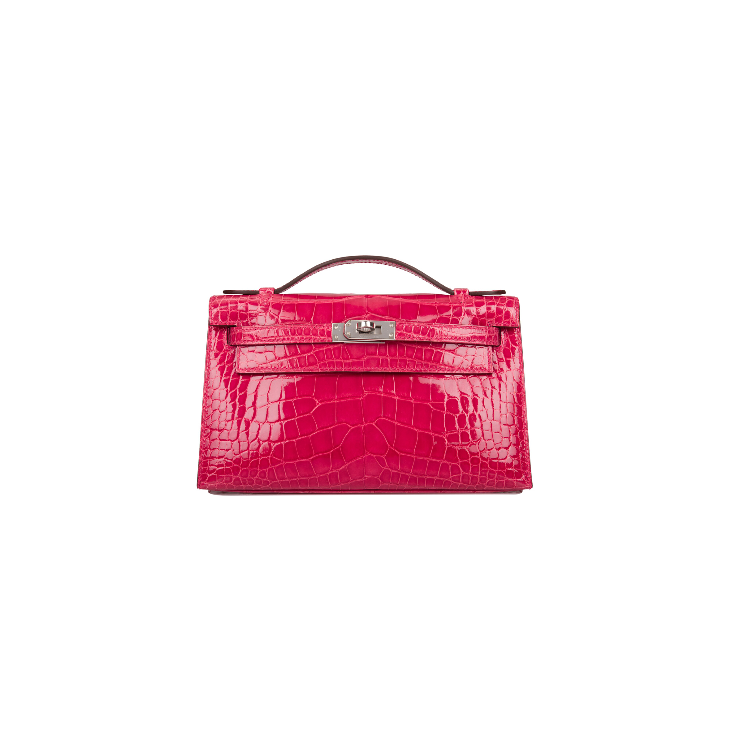 HERMÈS MASTER ROSE EXTREME MINI KELLY POCHETTE OF SHINY MISSISSIPPIENSIS ALLIGATOR PALLADIUM HARDWARE (22*14*7cm) 